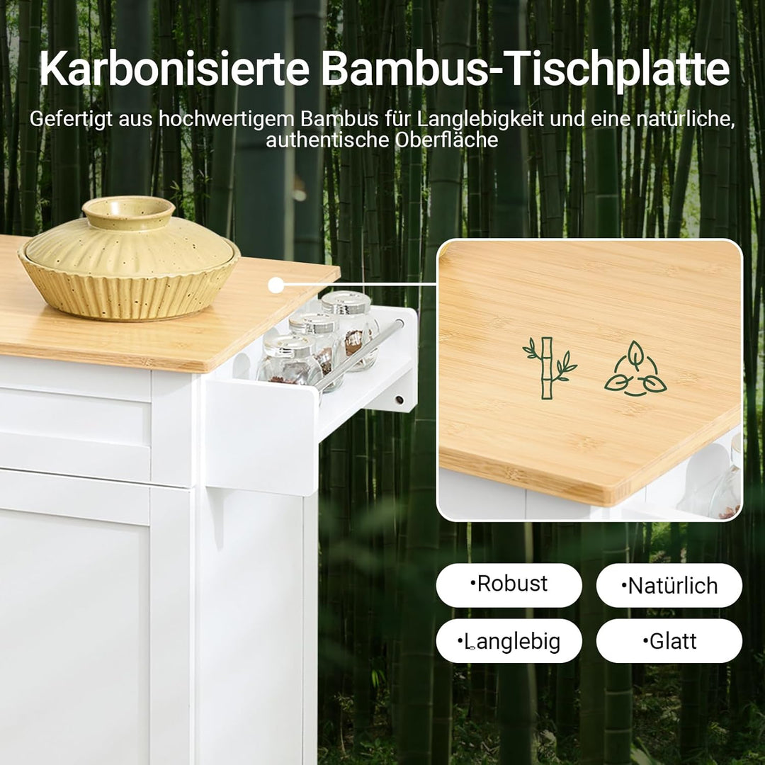 Køkkenvogn med bambusbordplade og skab hvid med naturfarvet bordplade