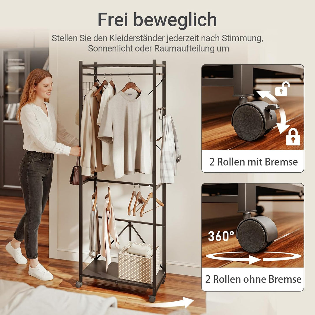 Foldbart tøjstativ smal på hjul, 60,5x32,5x175cm
