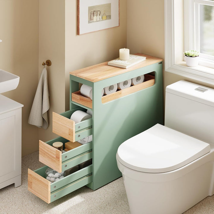 Smalt badeværelsesskab med 3 skuffer, pladsbesparende rullevogn på hjul, velegnet til badeværelse, toilet og køkkenopbevaring, 65x24x82 cm, grøn
