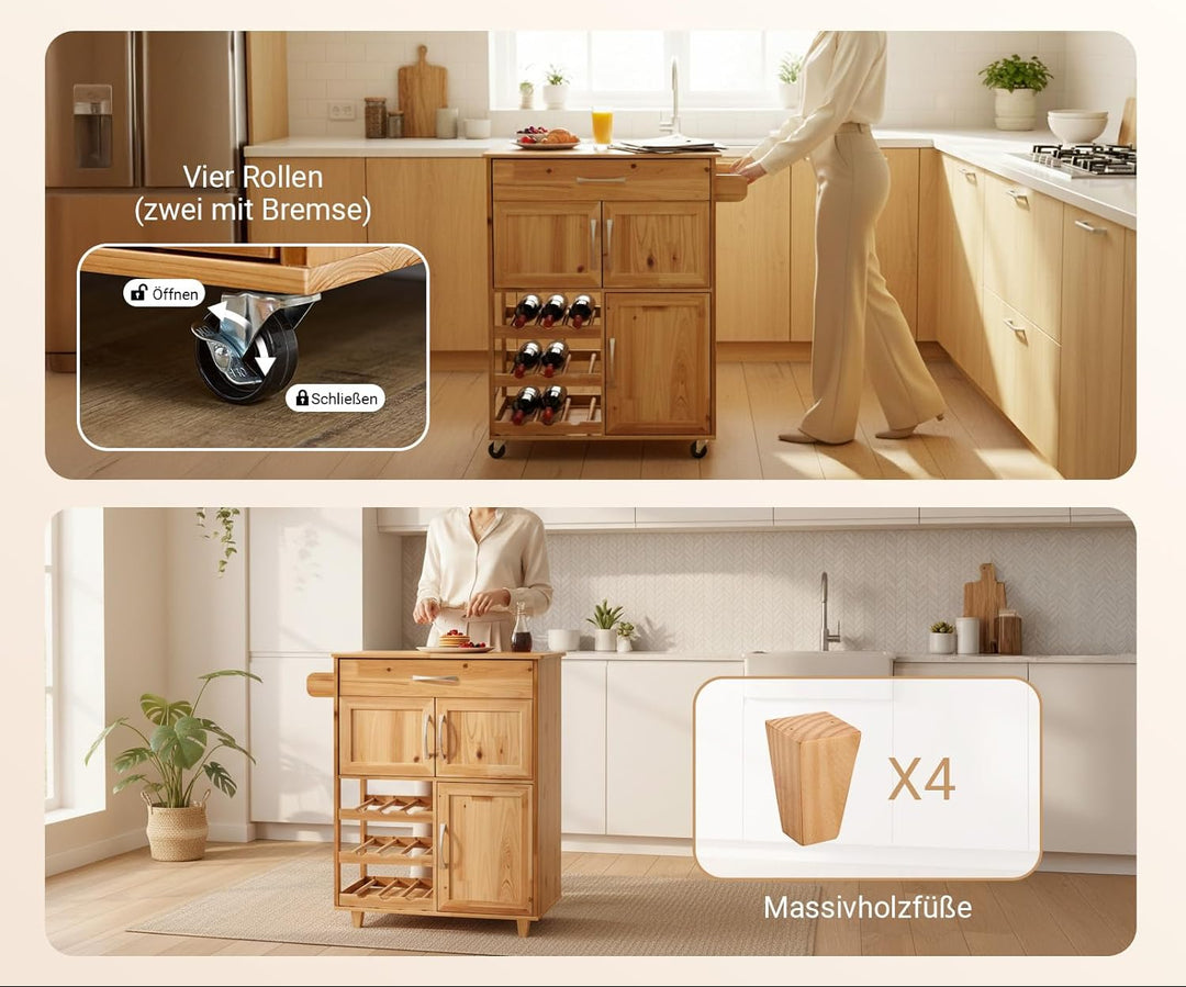 Køkkenvogn med hjul og vinreol, vintage naturfarvet, 67x88x37 cm