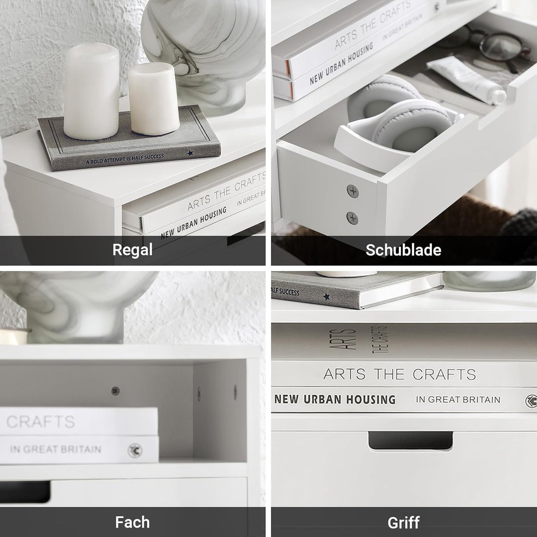 Sæt med 2 vægsengebord - pladsbesparende, skuffe og åbent rum, vægmonteret natbord, B45 x D25 x H22 cm, hvid