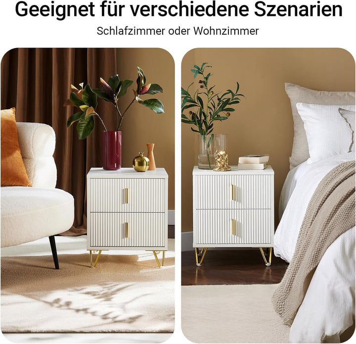 Sengeborde, sæt med 2 styks, natbord med 2 skuffer, moderne sidebord til soveværelse, B40 x D40 x H47 cm, hvid