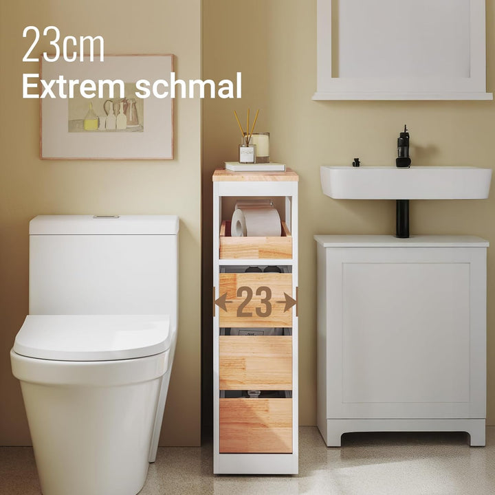 Smalt badeværelsesskab med 3 skuffer, pladsbesparende rullevogn på hjul, velegnet til badeværelse, toilet og køkkenopbevaring, 65x23x82 cm, hvid