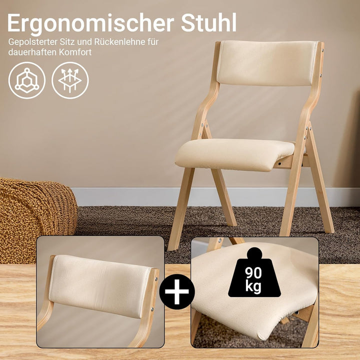 Sæt med 2 sammenklappelige træstole i hvid – ergonomiske, polstrede køkken- og spisebordstole, ideelle til balkon, have og camping