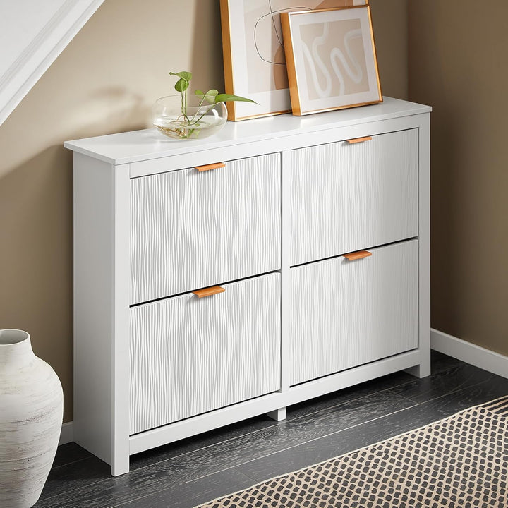 Smalt hvidt skoskab med 4 klaplåger – 8 opbevaringsrum til 16–24 par sko, ideel til entré og gang, 104 × 82 × 23 cm