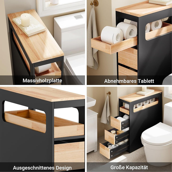 Smalt badeværelsesskab med 3 skuffer, pladsbesparende rullevogn på hjul, velegnet til badeværelse, toilet og køkkenopbevaring, 65x23x82 cm, sort