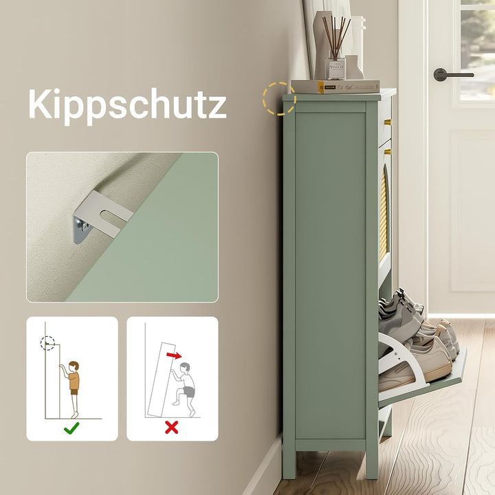 Skoskab smal - 62x25x97cm, MDF, rattandøre, skuffe, plads til 8 par sko, pladsbesparende, grøn gul