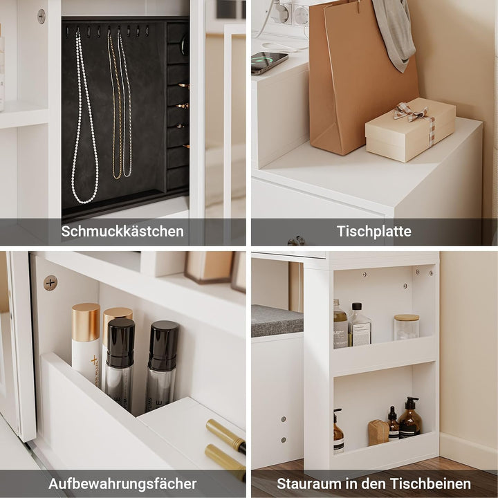 Sminkebord med LED-belysning, ladestation og skammel, 120 × 40 × 127 cm
