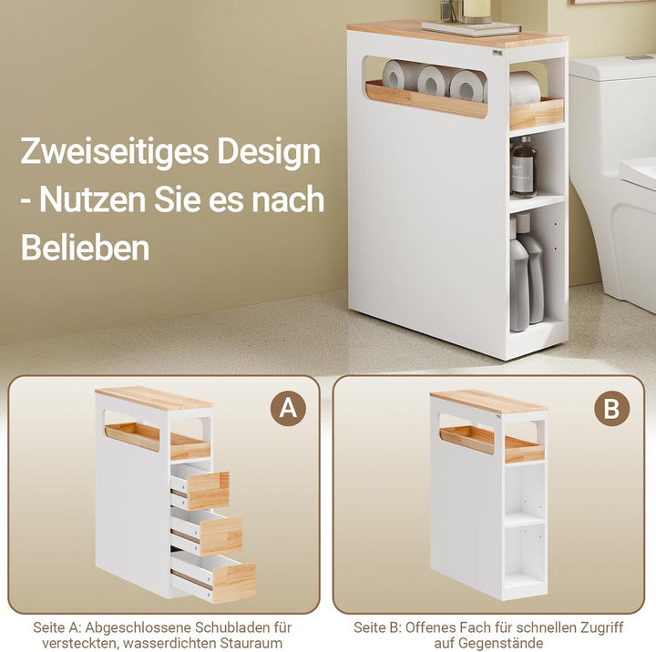 Smalt badeværelsesskab med 3 skuffer, pladsbesparende rullevogn på hjul, velegnet til badeværelse, toilet og køkkenopbevaring, 65x23x82 cm, hvid