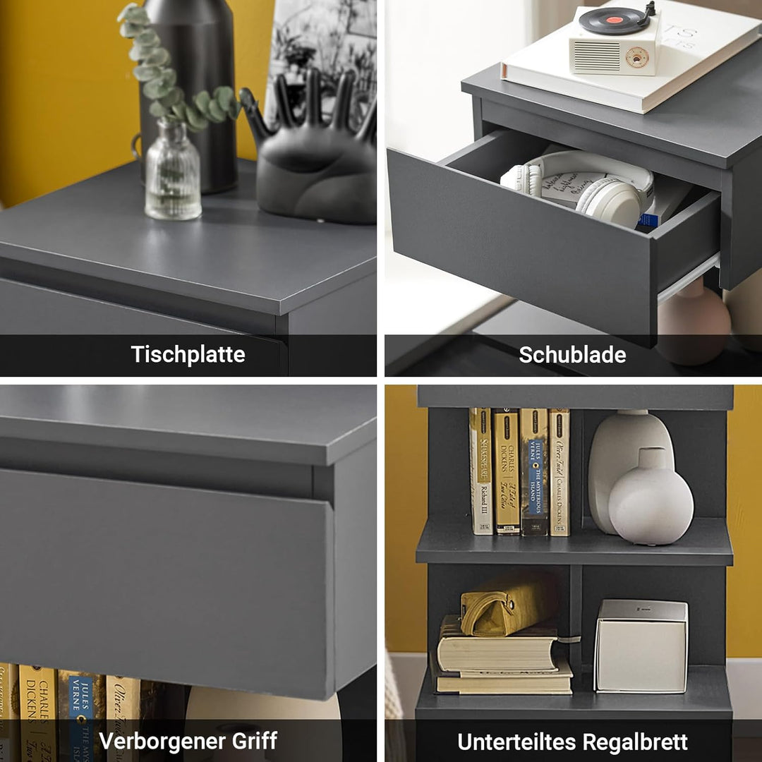 Sæt med 2 smalle sengeborde i grå – moderne natskabe med 1 skuffe og 2 hylder, 39 × 39 × 65 cm