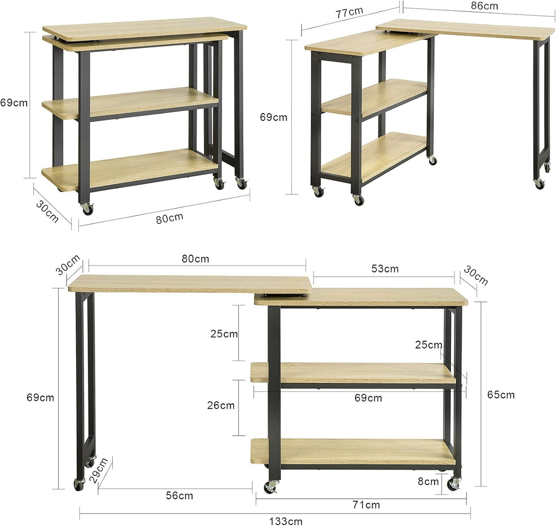 Skrivebord med roterende sidebord, B133 x D30 x H69 cm, industriel stil, naturfarvet