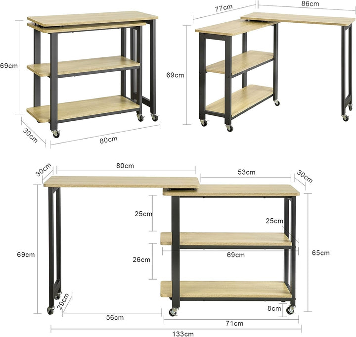 Skrivebord med roterende sidebord, B133 x D30 x H69 cm, industriel stil, naturfarvet