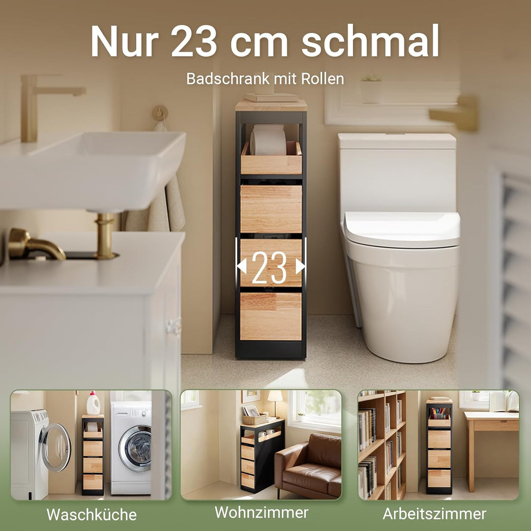 Smalt badeværelsesskab med 3 skuffer, pladsbesparende rullevogn på hjul, velegnet til badeværelse, toilet og køkkenopbevaring, 65x23x82 cm, sort