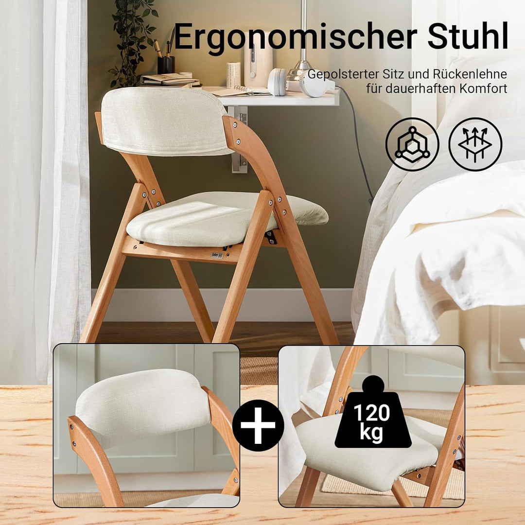 Sæt med 2 sammenklappelige, polstrede træstole i hvid – ergonomiske og pladsbesparende køkken- og spisebordstole, 47,5 × 77 × 59 cm