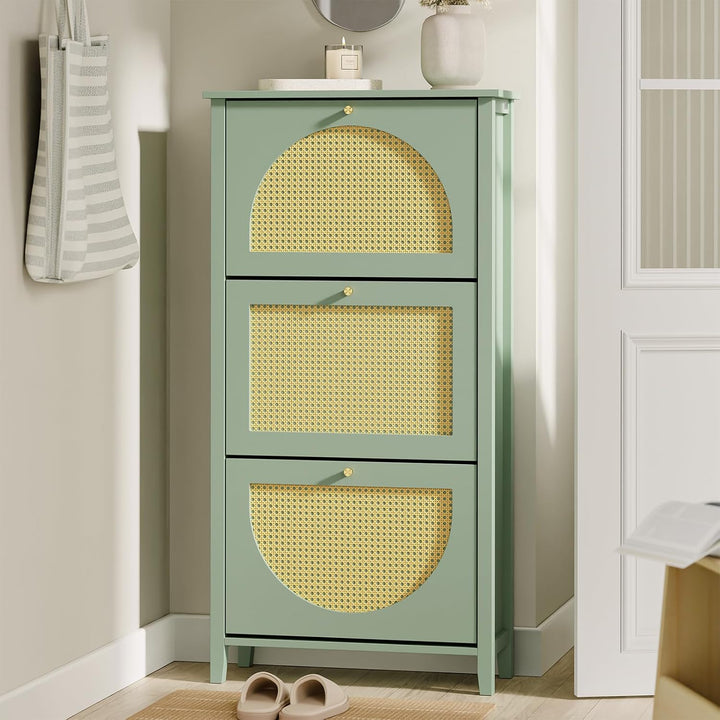 Skoskab smal - 62x25x121,5cm, MDF, rattandøre, skuffe, plads til 8 par sko, pladsbesparende, grøn gul