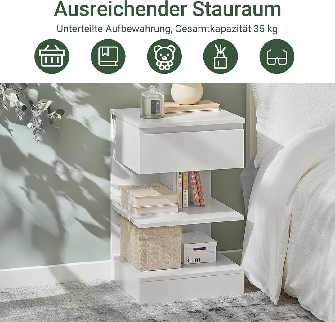 Sæt med 2 smalle hvide sengeborde – moderne natskabe med 1 skuffe og 2 hylder, 39 × 39 × 65 cm