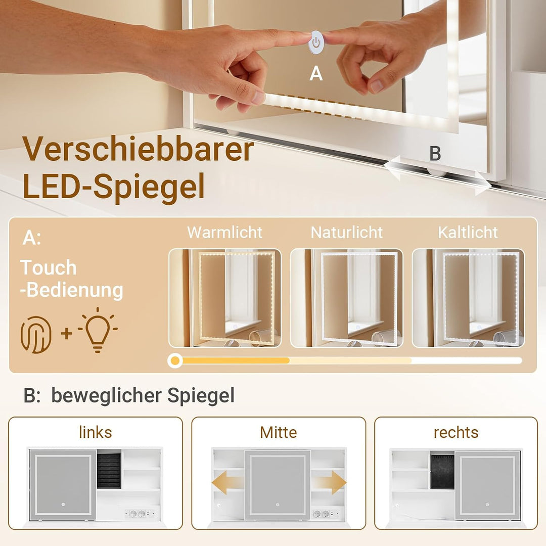 Sminkebord med LED-belysning, ladestation og skammel, 120 × 40 × 127 cm