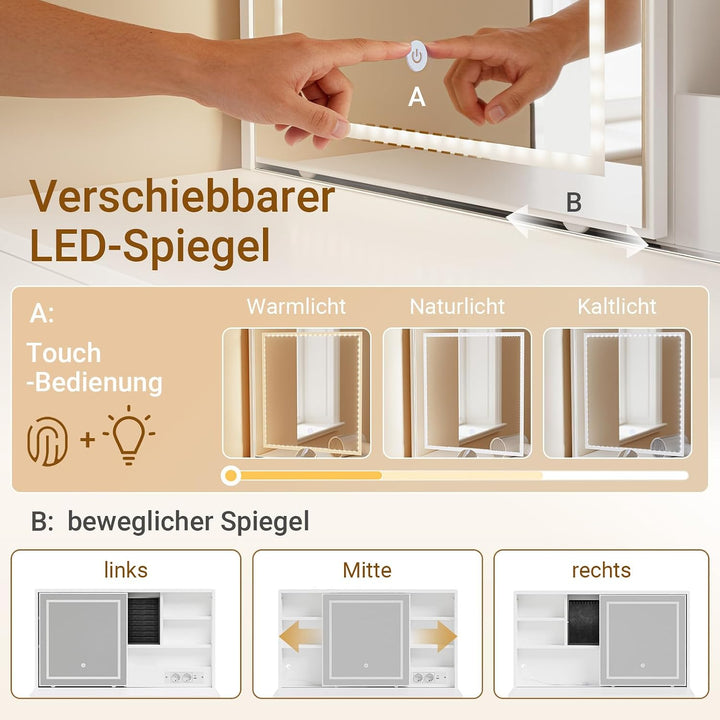 Sminkebord med LED-belysning, ladestation og skammel, 120 × 40 × 127 cm