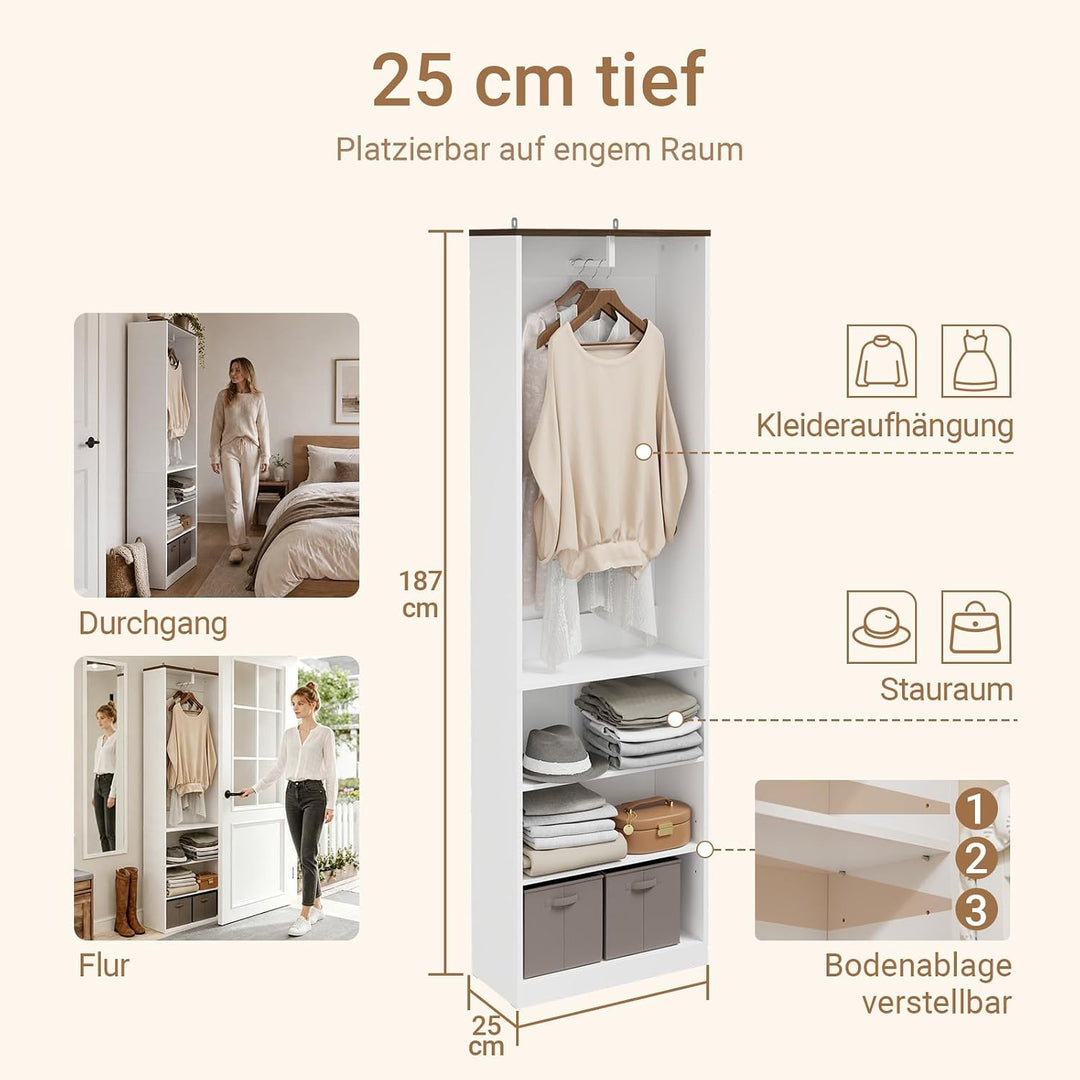 Smalt garderobeskab med tøjstang, 55 × 25 × 187 cm – 3 hylder og justerbar bundhylde
