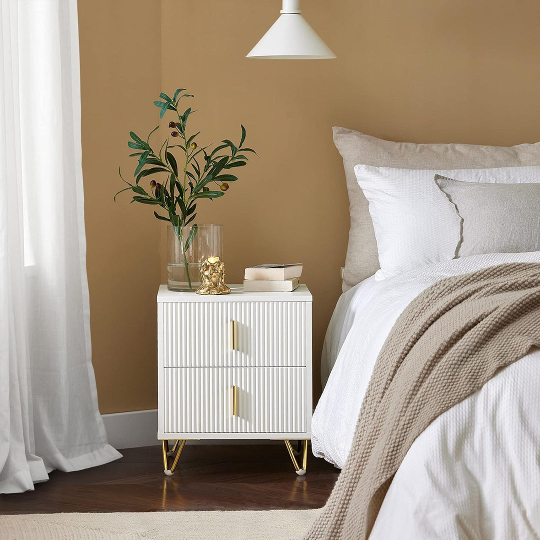 Sengeborde, sæt med 2 styks, natbord med 2 skuffer, moderne sidebord til soveværelse, B40 x D40 x H47 cm, hvid