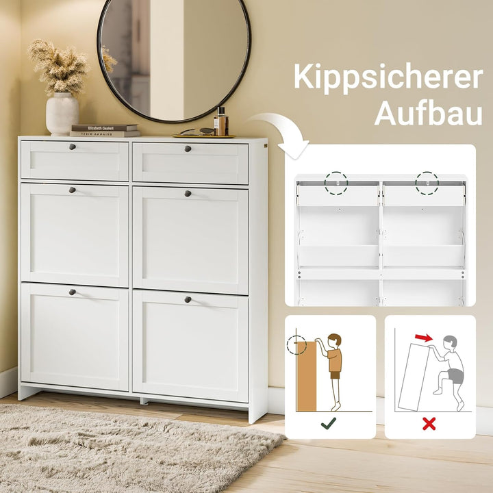 Smalt hvidt skoskab – moderne, pladsbesparende med plads til 12 par, inkl. anti-vippeanordning og silikonefødder, 100 × 19 × 107 cm