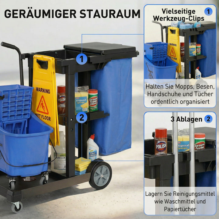 Rengøringsvogn, rullende rengøringsvogn med 3 hylder, 70-liters affaldspose, moppespand, blå