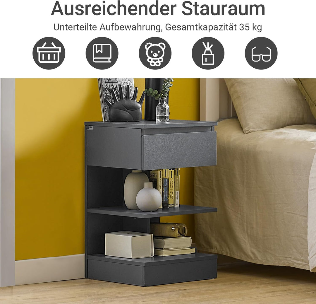 Sæt med 2 smalle sengeborde i grå – moderne natskabe med 1 skuffe og 2 hylder, 39 × 39 × 65 cm