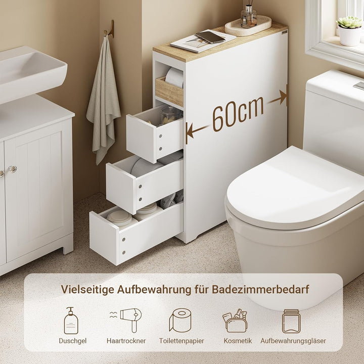Smalt badeværelsesskab – 20 cm nicheskab med 3 skuffer, kompakt og flytbart til små badeværelser og køkkener, 60 × 20 × 82,3 cm