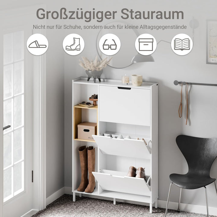 Smalt hvidt skoskab med bambus – kompakt skab med 3 klaplåger og åben træramme, pladsbesparende og ideelt til entré og gang, 90 × 19 × 129,5 cm