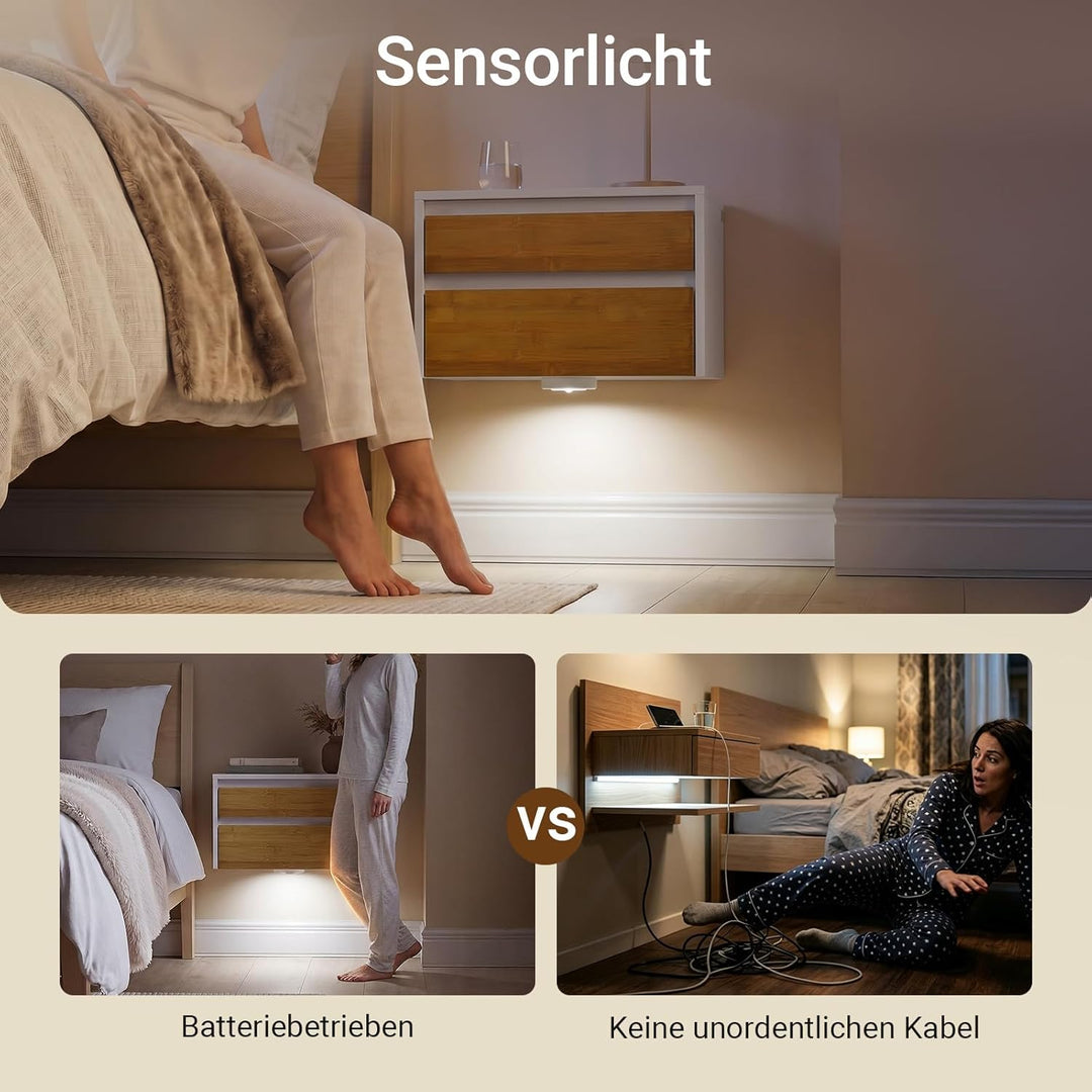 Væghængt natbord med sensorlys og 2 skuffer