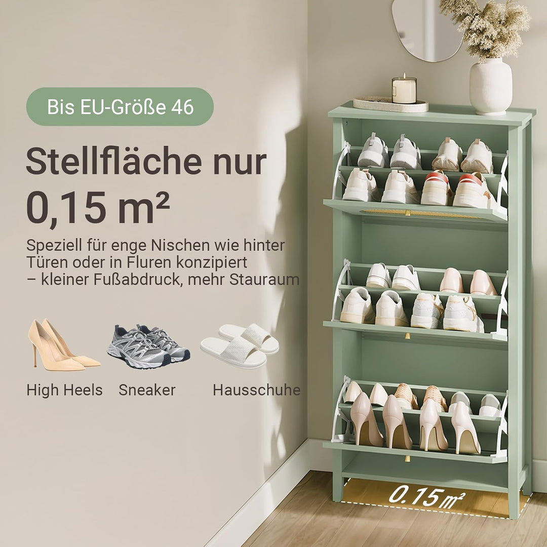 Skoskab smal - 62x25x121,5cm, MDF, rattandøre, skuffe, plads til 8 par sko, pladsbesparende, grøn gul