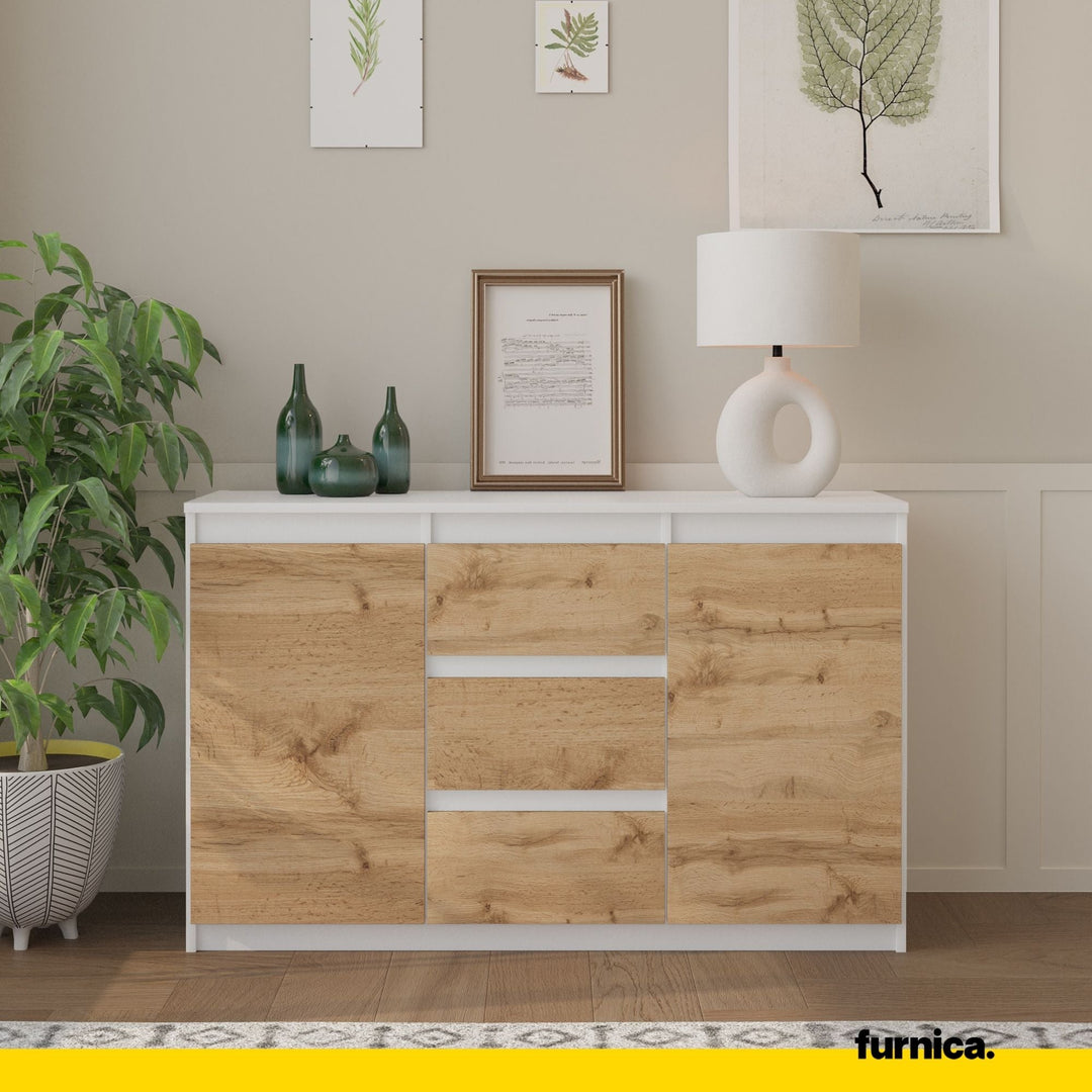 MIKEL - Kommode med 3 skuffer - mat hvid / naturfarvet H75cm B120cm D35cm