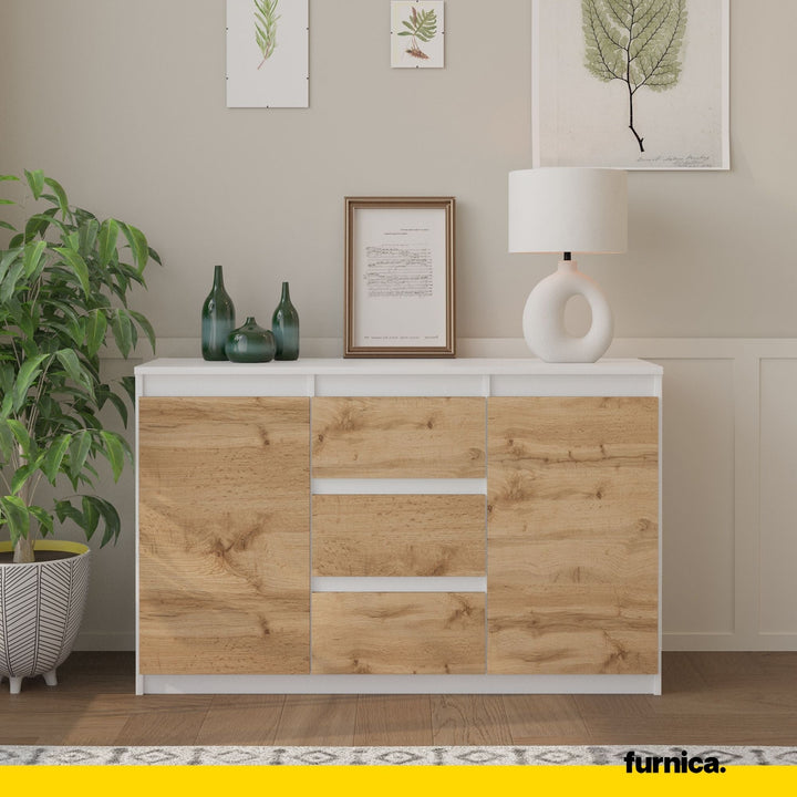 MIKEL - Kommode med 3 skuffer - mat hvid / naturfarvet H75cm B120cm D35cm