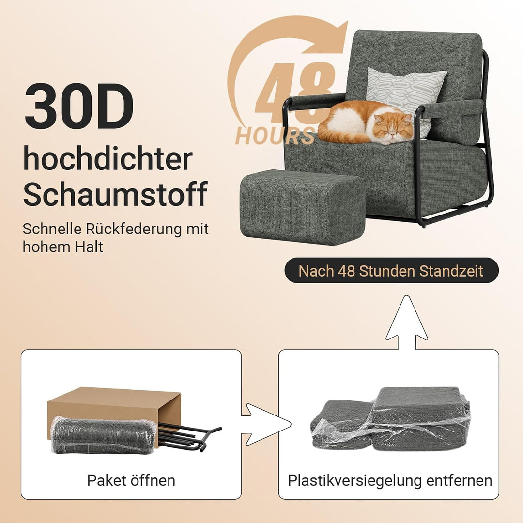 Sofa med fodskammel, 30D højelastisk skumfyld, 67 × 74 × 78 cm, grå