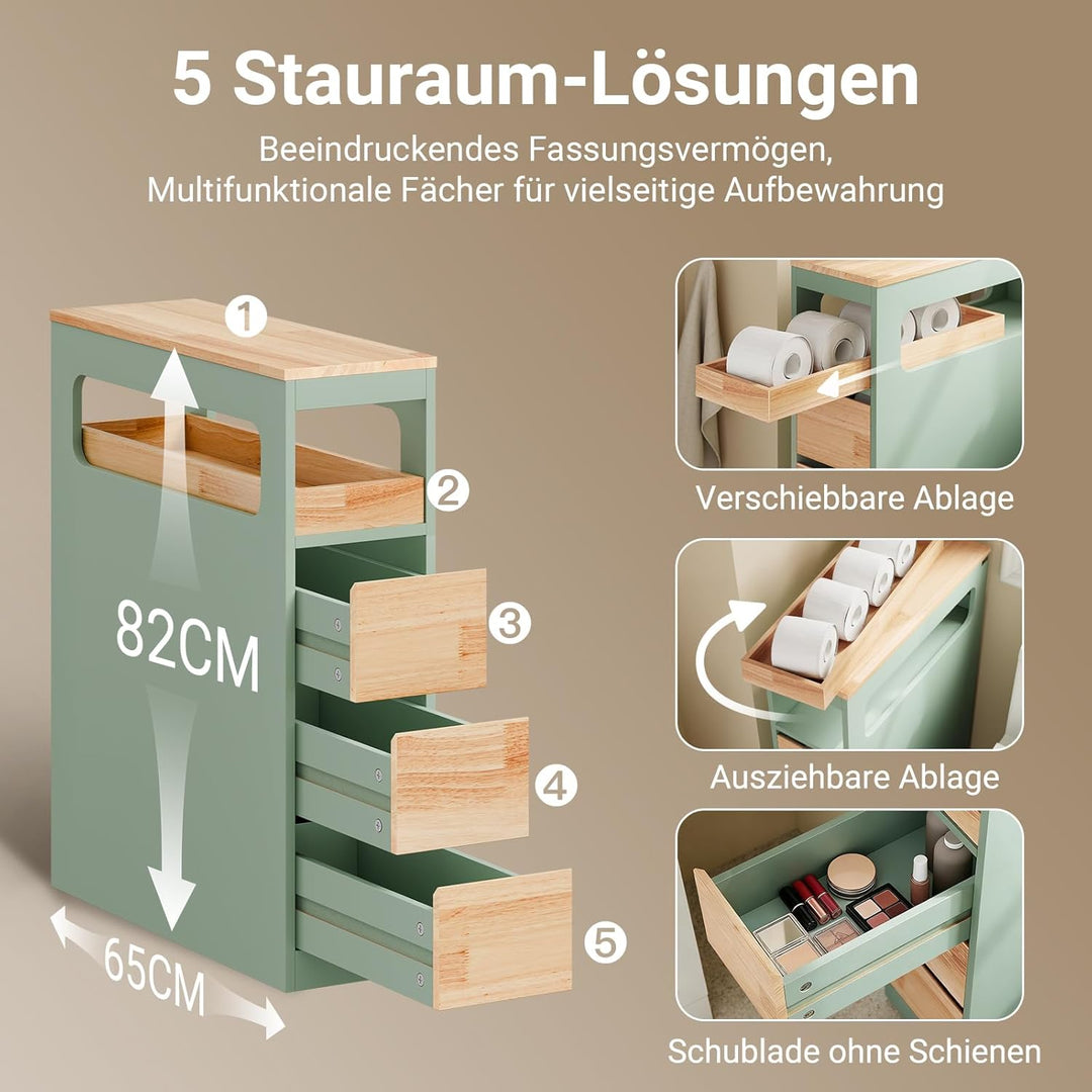 Smalt badeværelsesskab med 3 skuffer, pladsbesparende rullevogn på hjul, velegnet til badeværelse, toilet og køkkenopbevaring, 65x24x82 cm, grøn