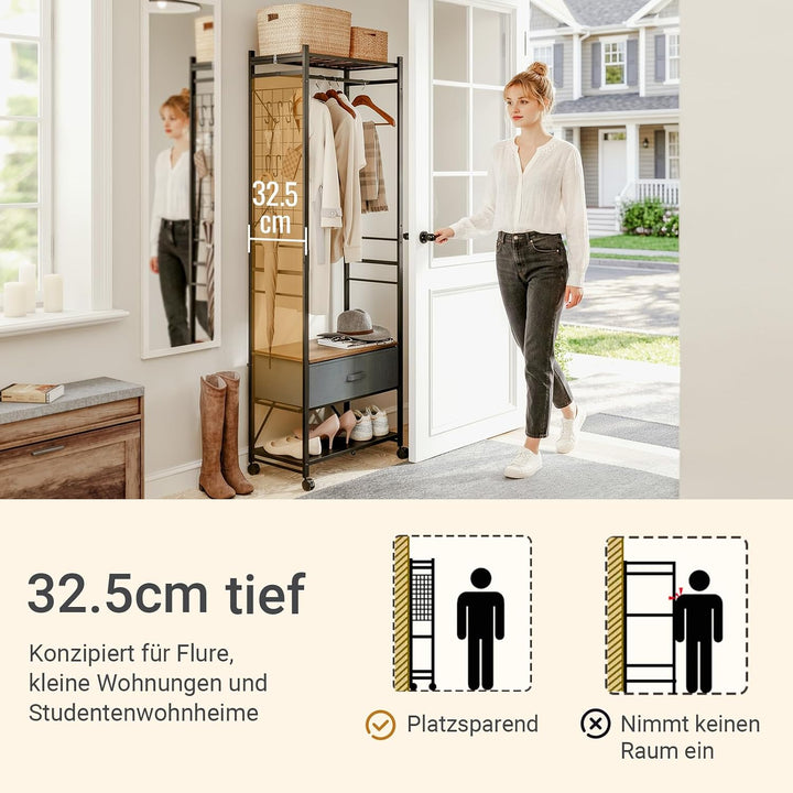 Foldbart tøjstativ med hjul & stofskuffe 60,5x32,5x175cm