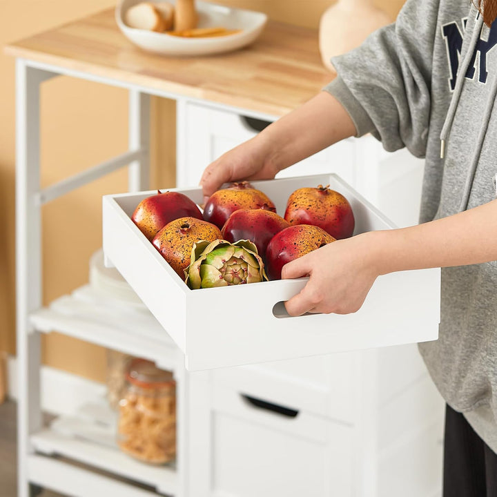 Serveringsvogn med hjul / køkkenvogn med 2 aftagelige hylder og 1 bakke, B68 x D38 x H85 cm, hvid