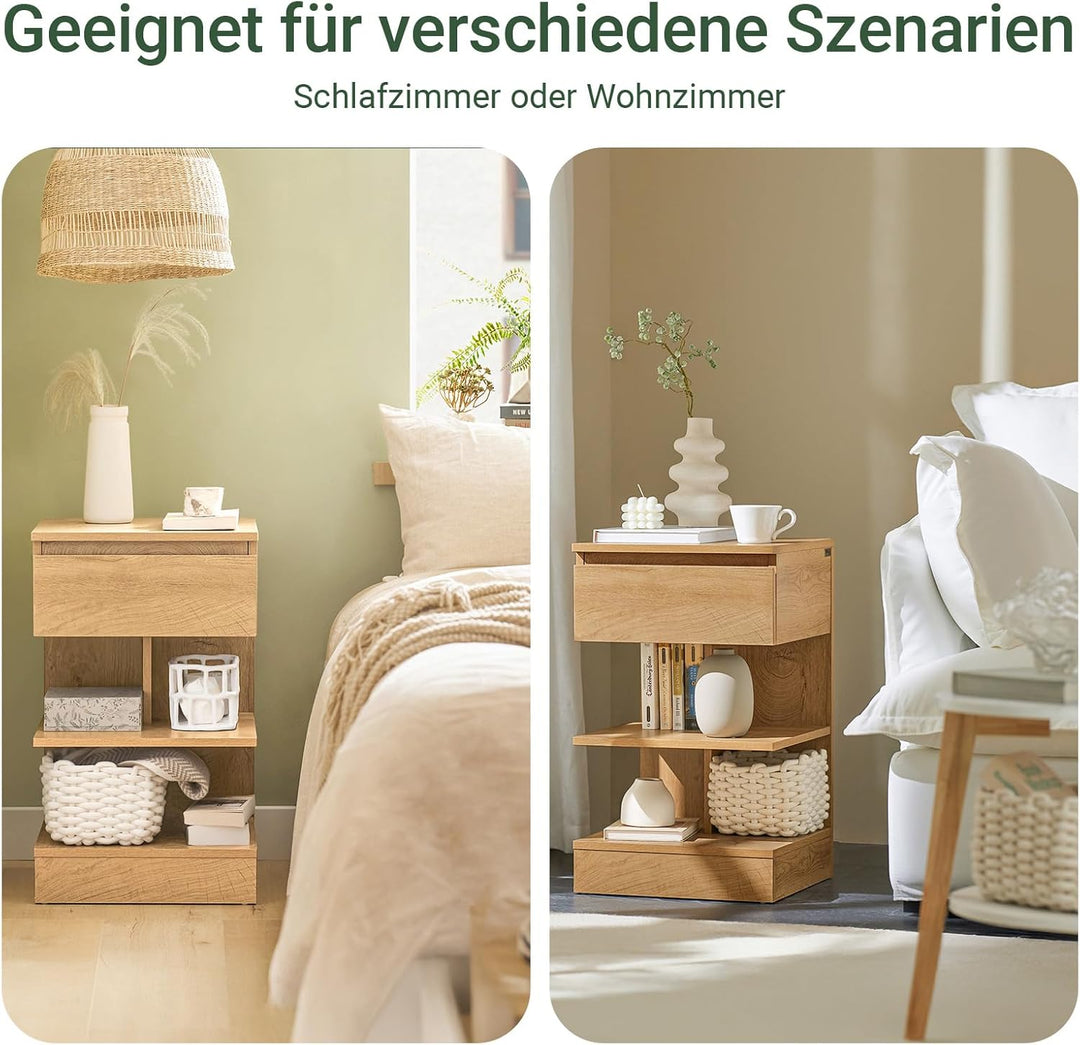 Sæt med 2 smalle sengeborde i natur – moderne natskabe med 1 skuffe og 2 hylder, 39 × 39 × 65 cm