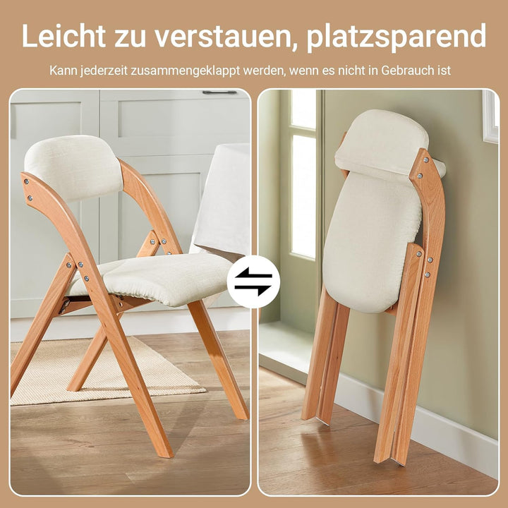 Sæt med 2 sammenklappelige, polstrede træstole i hvid – ergonomiske og pladsbesparende køkken- og spisebordstole, 47,5 × 77 × 59 cm