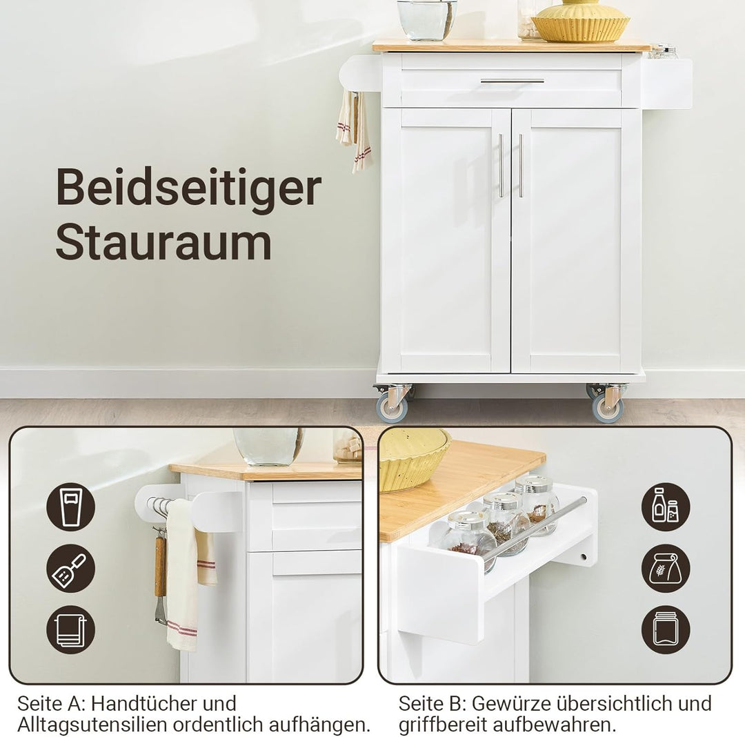 Køkkenvogn med bambusbordplade og skab hvid med naturfarvet bordplade