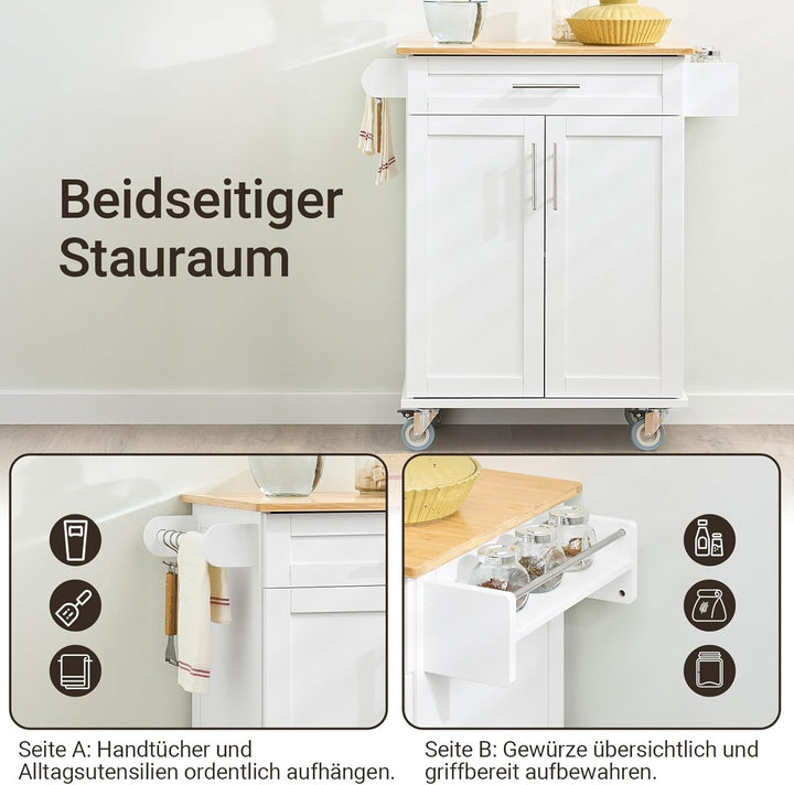 Køkkenvogn med bambusbordplade og skab hvid med naturfarvet bordplade
