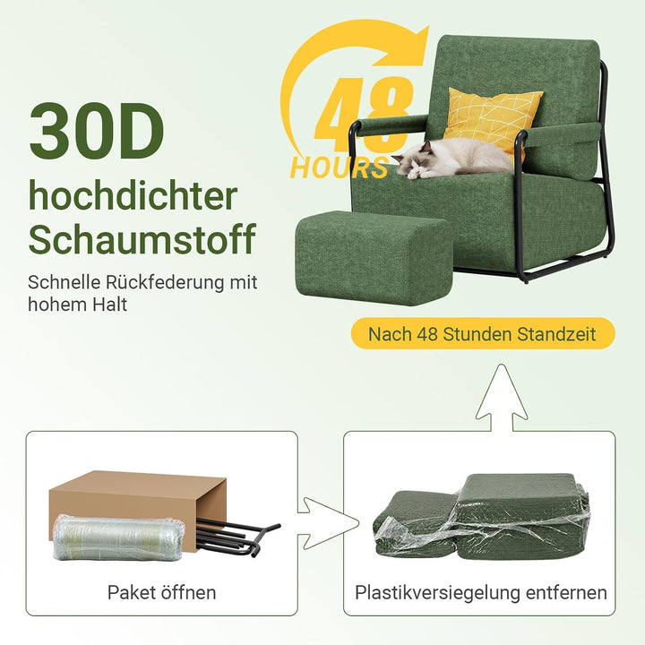Sofa med fodskammel, 30D højelastisk skumfyld, 67 × 74 × 78 cm, grøn