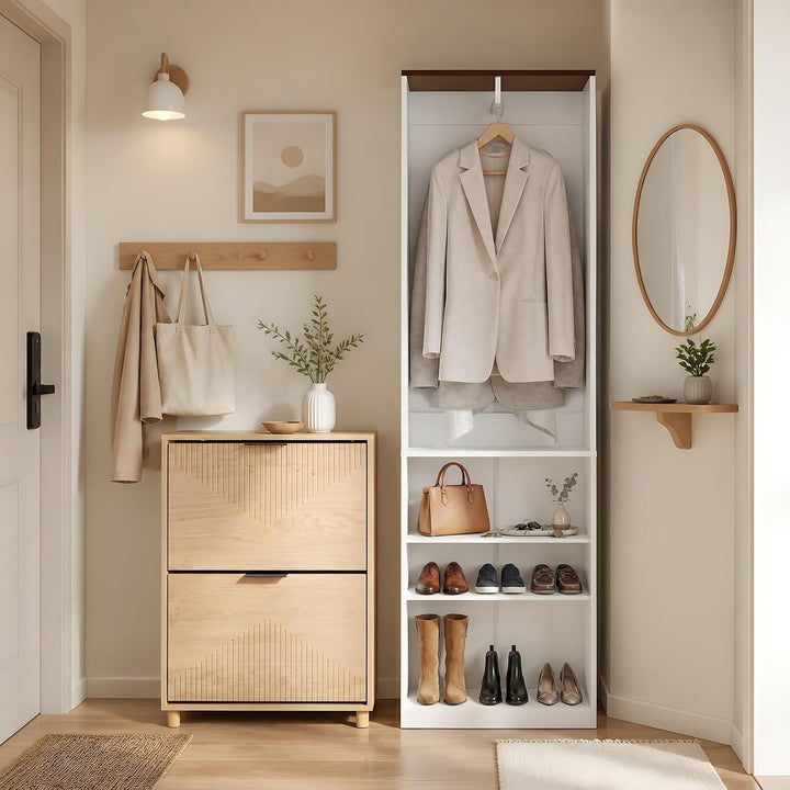 Smalt garderobeskab med tøjstang, 55 × 25 × 187 cm – 3 hylder og justerbar bundhylde