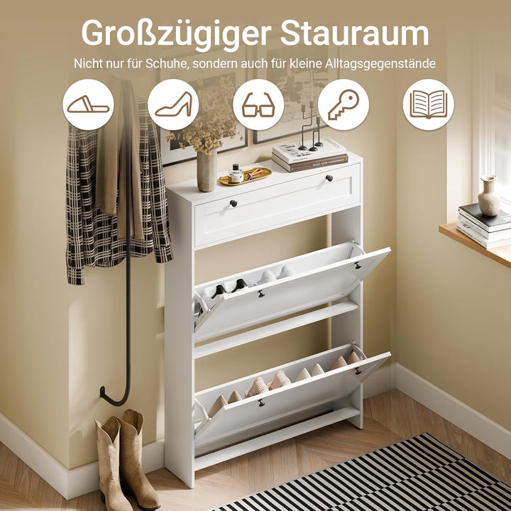Smalt hvidt skoskab – plads til op til 8 par sko, med skuffer og foldedøre, ideelt gangmøbel til små lejligheder, 80 × 19 × 107 cm