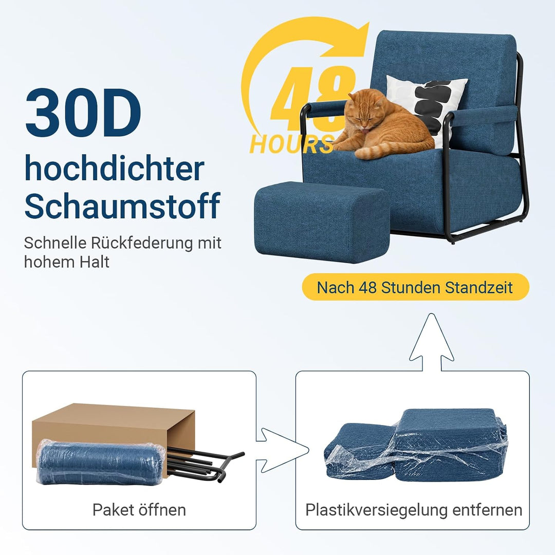 Sofa med fodskammel, 30D højelastisk skumfyld, 67 × 74 × 78 cm, blå