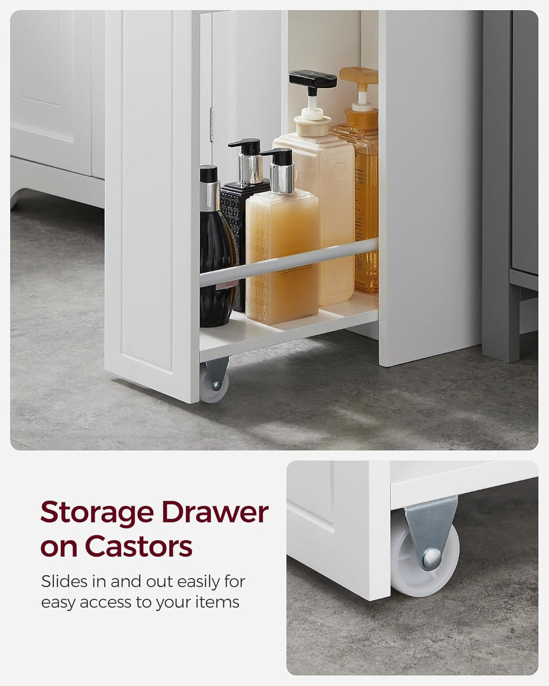 Lille badeværelsesskab, smal badeværelsesopbevaringsenhed, badeværelsesorganisator, fritstående skab til toiletpapir med udtrækkelige skuffer, til små rum, hvid