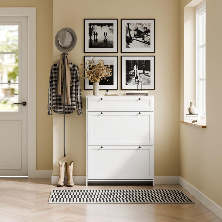 Smalt hvidt skoskab – plads til op til 8 par sko, med skuffer og foldedøre, ideelt gangmøbel til små lejligheder, 80 × 19 × 107 cm