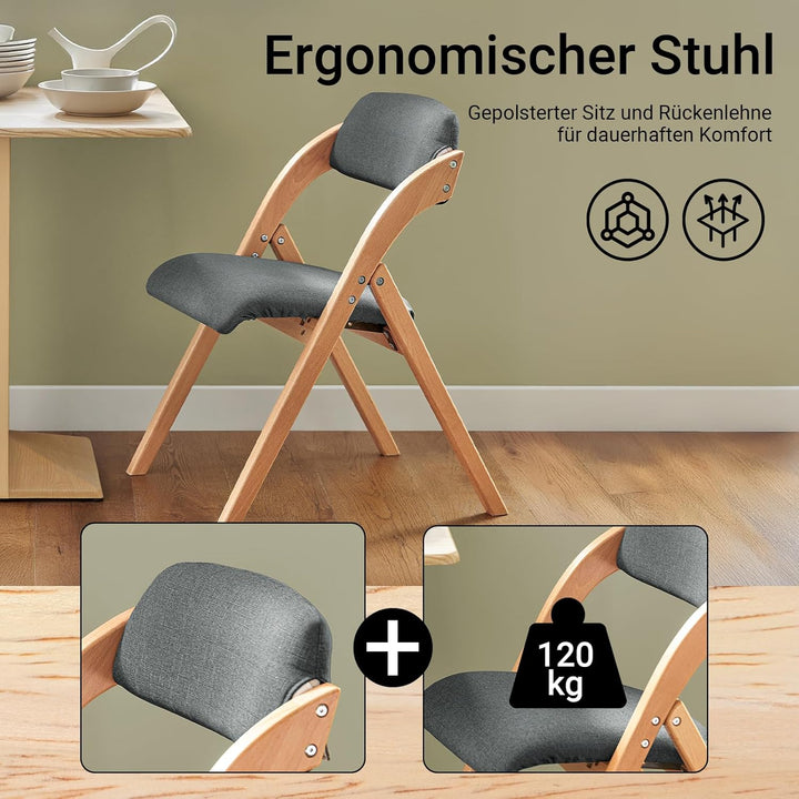 Sæt med 2 sammenklappelige, polstrede træstole i mørkegrå – ergonomiske og pladsbesparende køkken- og spisebordstole, 47,5 × 77 × 59 cm