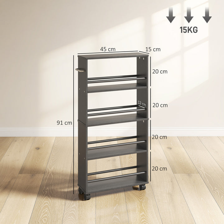 Multifunktionel hylde med hjul, slankt design, 4 rum, 45x15x91 cm, sort