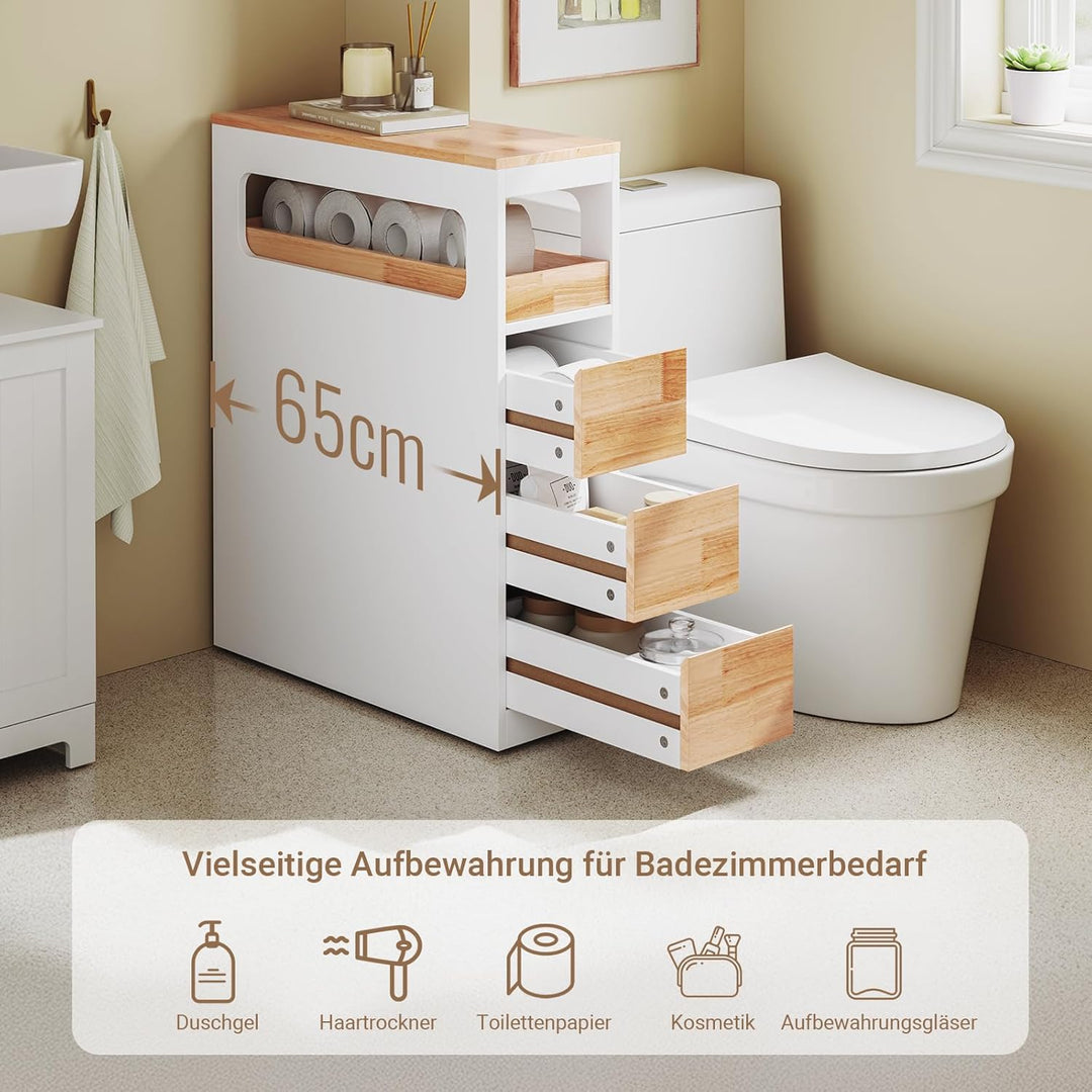 Smalt badeværelsesskab med 3 skuffer, pladsbesparende rullevogn på hjul, velegnet til badeværelse, toilet og køkkenopbevaring, 65x23x82 cm, hvid
